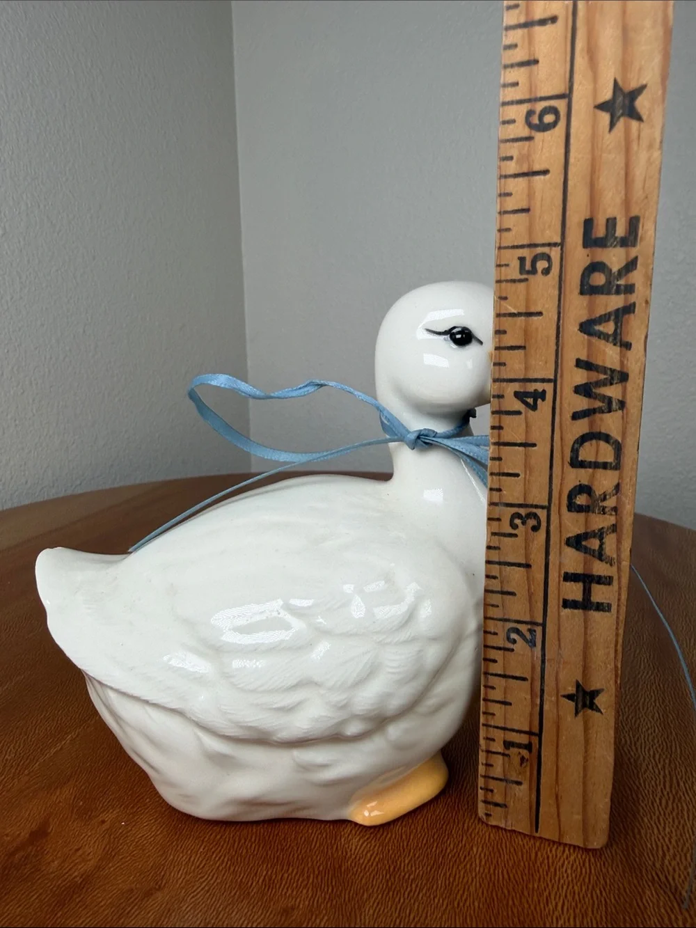 Vintage Hand Crafted Hand Made Ceramic Duck White Yellow Blue Bow Farmhouse
